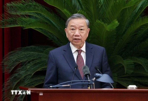 Tổng Bí thư Tô Lâm phát biểu bế mạc Hội nghị lần thứ mười hai Ban Chấp hành Trung ương Đảng khóa XIII. (Ảnh: Phạm Kiên/TTXVN)