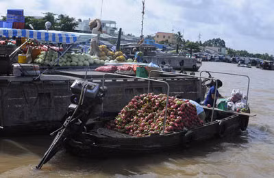 Hàng nông sản phục vụ nhu cầu trong dịp Tết tại chợ nổi Cái Răng.