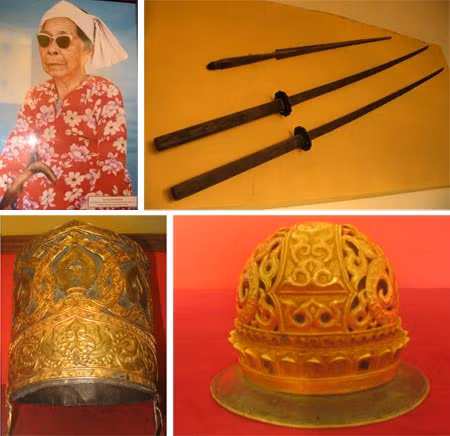 Cụ Nguyễn Thị Thềm, hậu duệ của dòng tộc Vua Pô Klong Mơ HNai và Pô Klong Khul; đao kiếm, vương miện của Vua Pô Klong Mơ HNai và búi chụp tóc của Hoàng hậu.