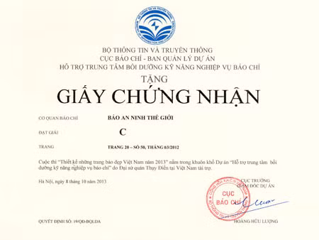 Giấy chứng nhận giải C cuộc thi “Thiết kế những trang báo đẹp Việt Nam 2013”.