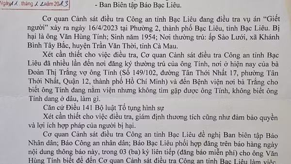 Tìm bị hại liên quan vụ án giết người ở Bạc Liêu