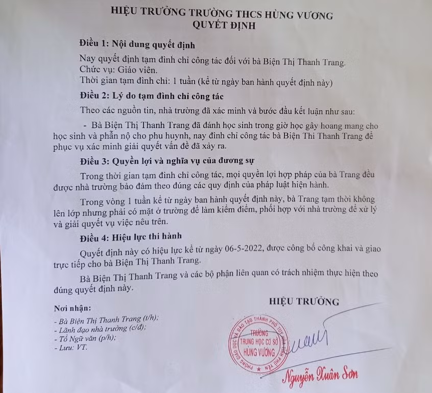 Tạm đình chỉ công tác một tuần đối với nữ giáo viên đánh học sinh trước tập thể lớp. -0