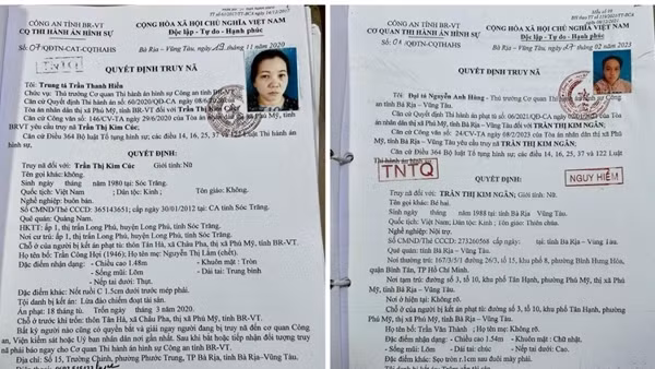 Công an tỉnh Bà Rịa-Vũng Tàu truy nã toàn quốc nhiều đối tượng