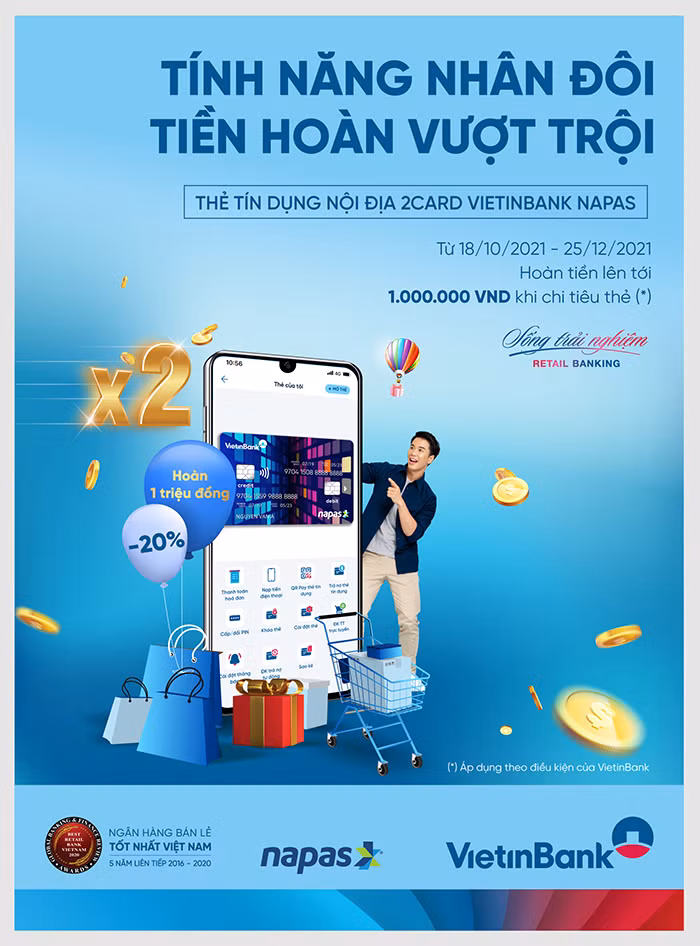 Hoàn 20% giá trị chi tiêu với thẻ tín dụng nội địa VietinBank 2Card Napas -0