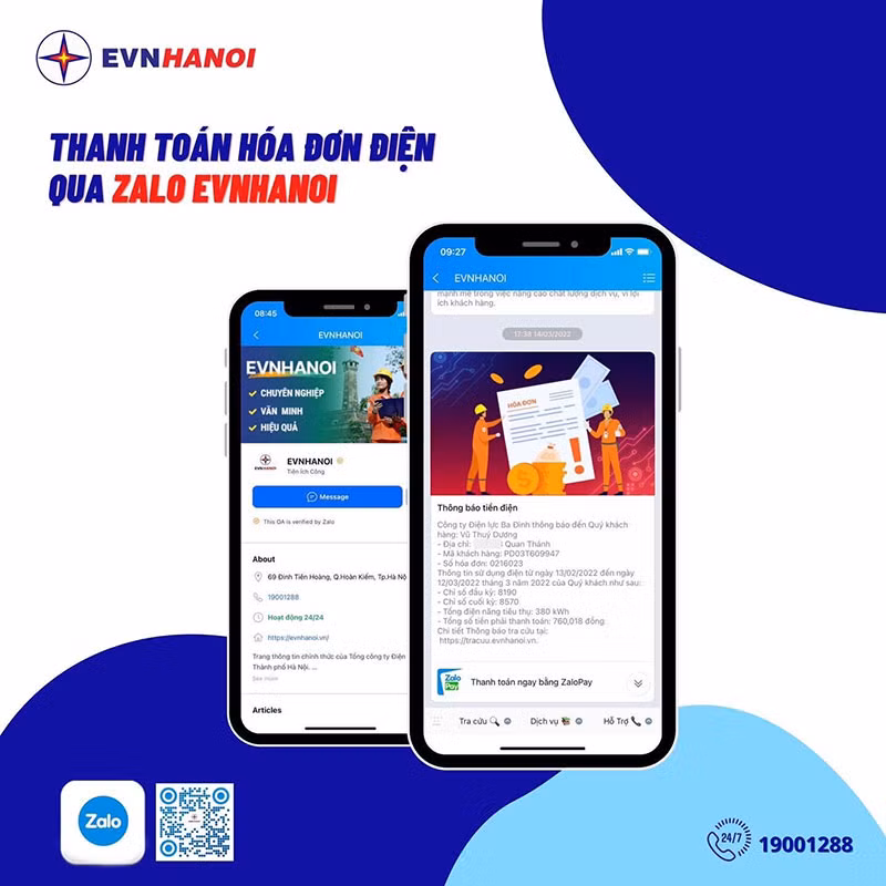 Khách hàng có thể nhận thông báo tiền điện và thanh toán qua Zalo của EVNHANOI -0