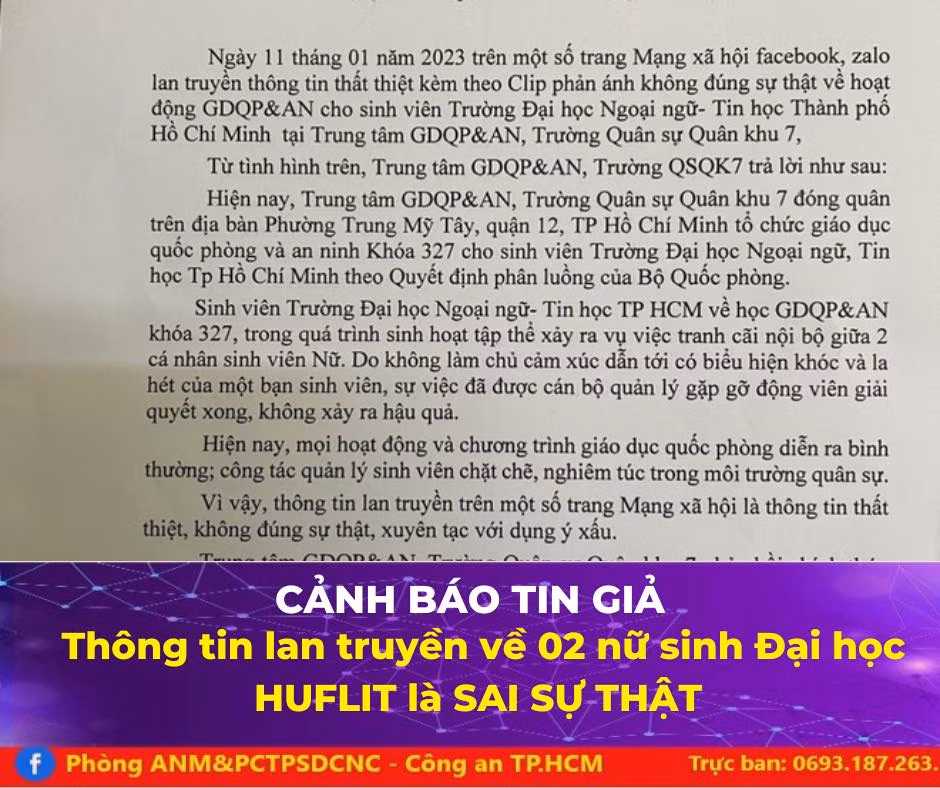Thông tin tán phát liên quan 2 nữ sinh Trường HUFLIT bị xâm hại là tin giả -0