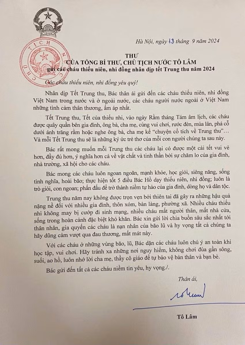 Tổng Bí thư, Chủ tịch nước Tô Lâm gửi thư chúc Tết Trung thu cho các cháu thiếu niên, nhi đồng -0