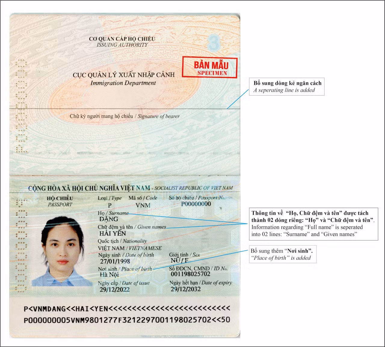 Bổ sung nơi sinh, đồng thời tách riêng “họ”; “chữ đệm và tên” trên hộ chiếu -0