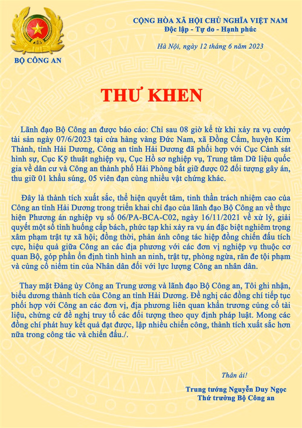 Lãnh đạo Bộ Công an gửi Thư khen Công an tỉnh Hải Dương -0
