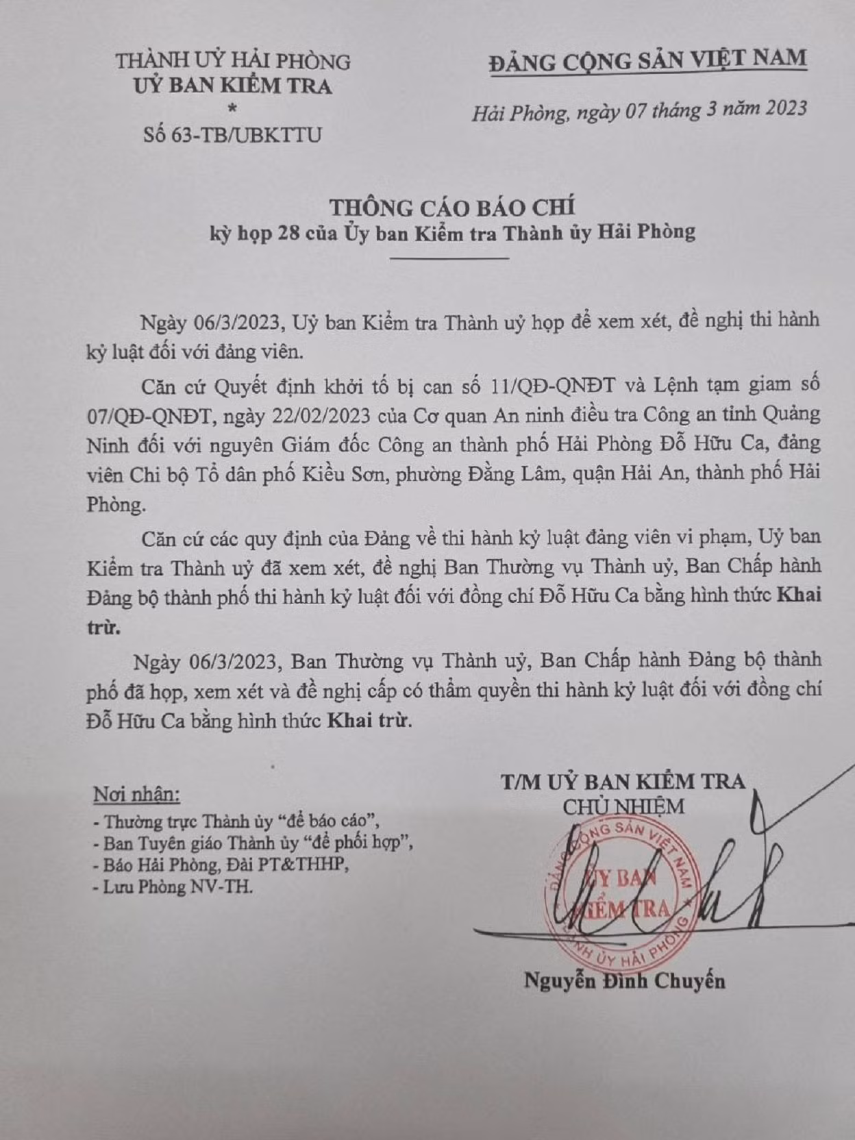 Đề nghị khai trừ khỏi Đảng nguyên Giám đốc Công an TP Hải Phòng Đỗ Hữu Ca -0