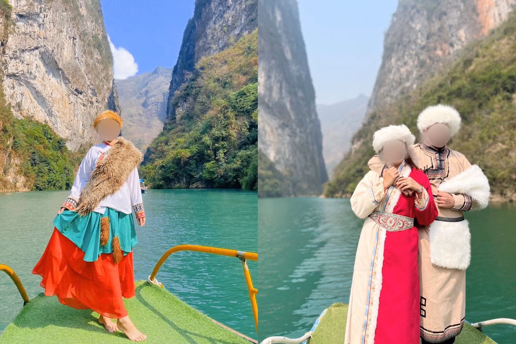 nhiều du khách mặc áo mông cổ, tây tạng chụp ảnh trên sông nho quế-ảnh báo điện tử dân việt.jpg -0