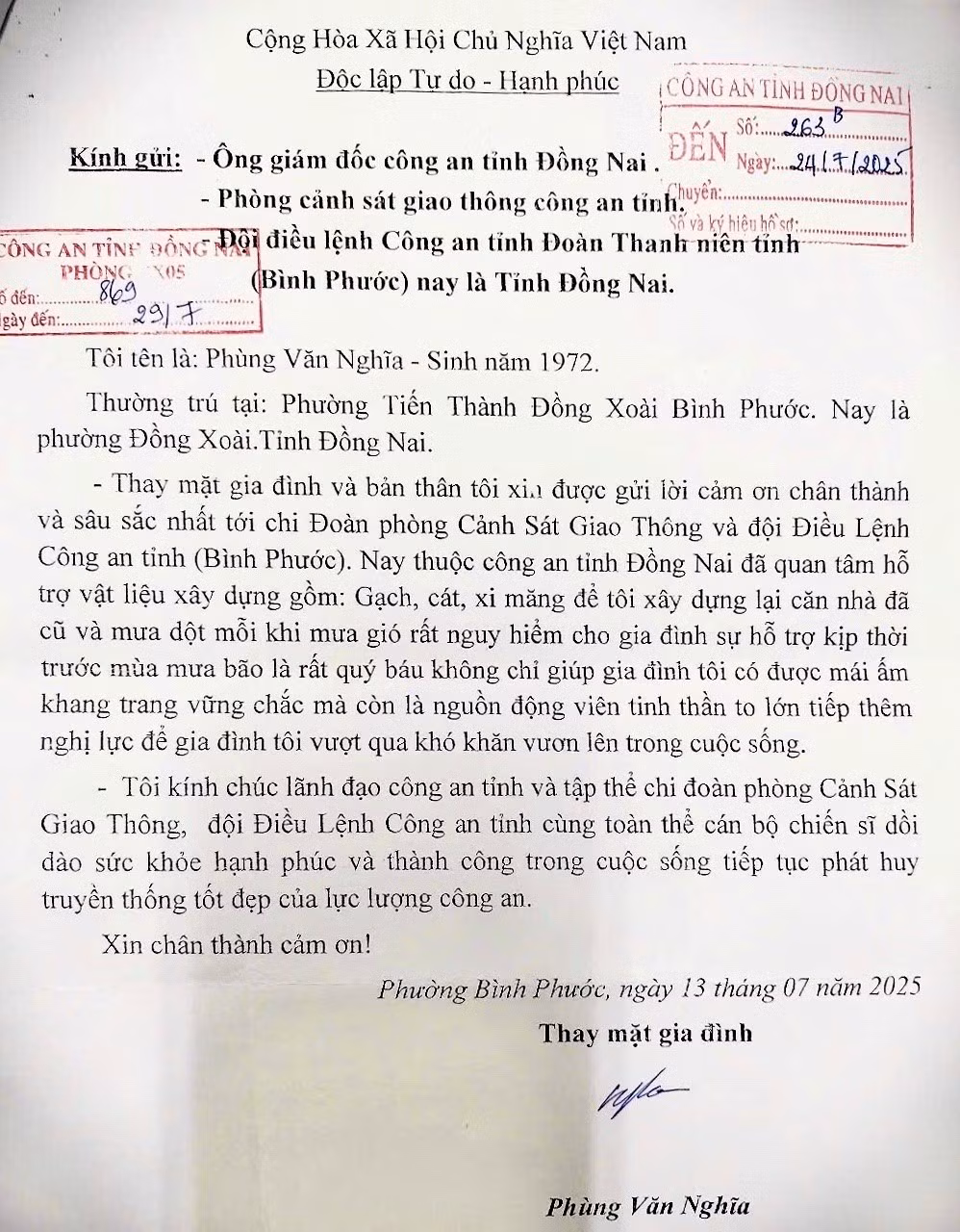 Người dân gửi thư cảm ơn Công an tỉnh Đồng Nai hỗ trợ vật liệu xây nhà -0