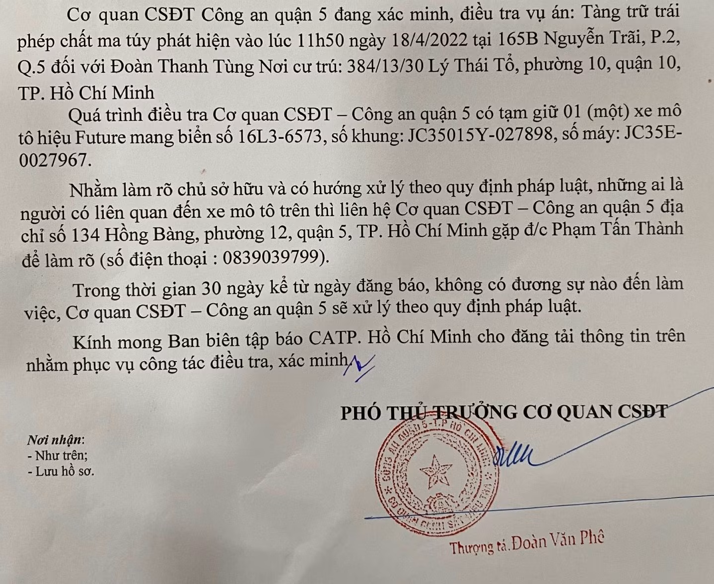 Truy tìm chủ xe máy liên quan vụ tàng trữ ma túy -0