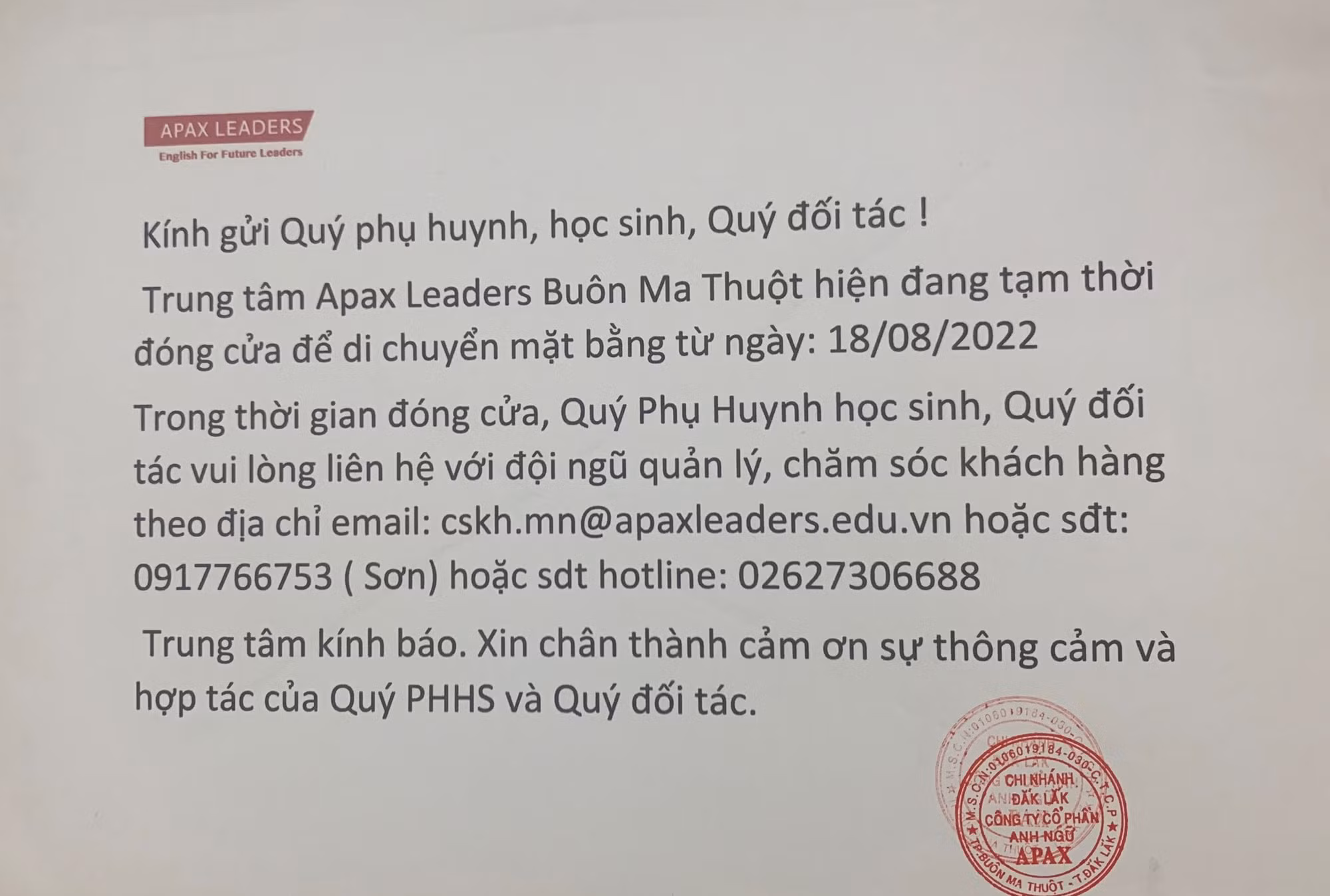 Trung tâm Anh ngữ Apax Leaders Buôn Ma Thuột đóng cửa vì bị đòi tiền mặt bằng -0
