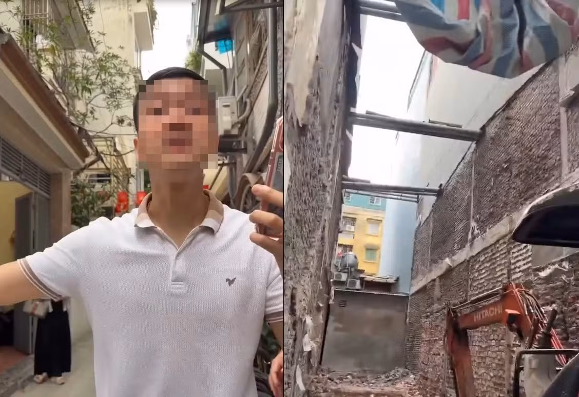 Hình ảnh người đàn ông được cho là chủ nhà và khu vực phá dỡ xong. Ảnh chụp màn hình.