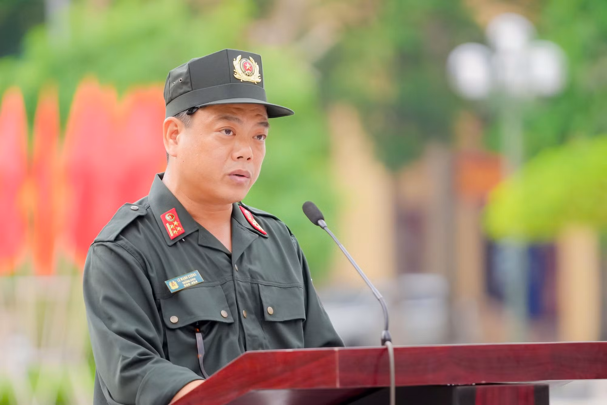 TS. Đại tá Lê Mạnh Cường, Phó Trung đoàn trưởng Trung đoàn DBCĐ Học viện ANND phát biểu tại sự kiện.