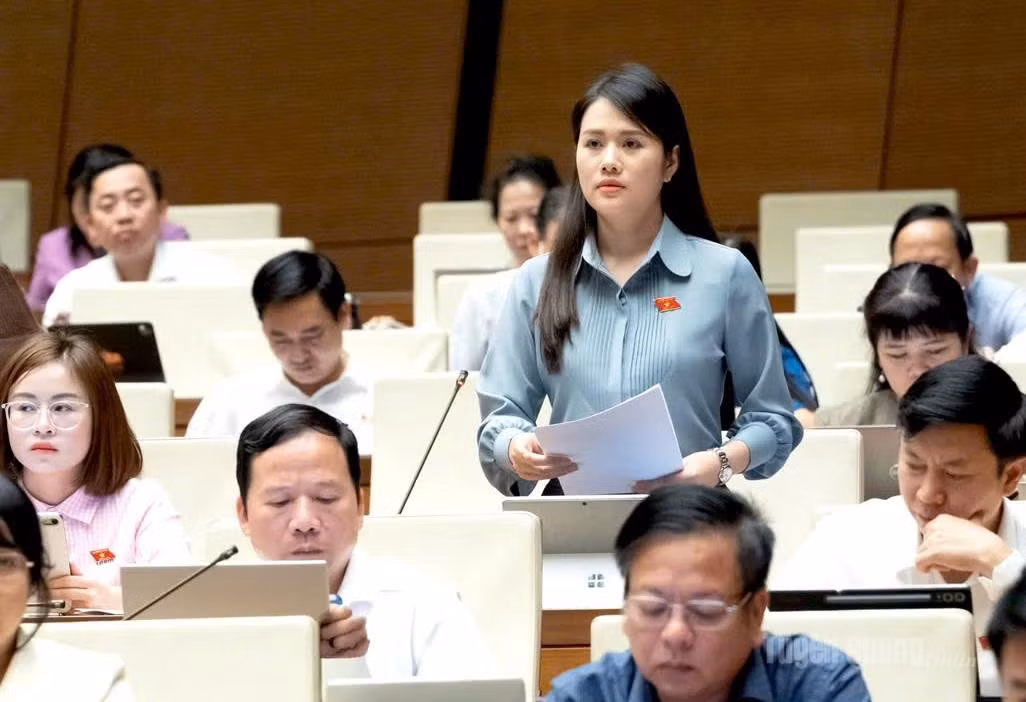 Đại biểu Quốc hội Vương Thị Hương (Đoàn Tuyên Quang) phát biểu tại phiên họp.