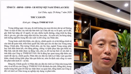 Thư cảm ơn của tỉnh ủy lai châu tới công ty TNHH KF FAN của ông Trần Đình Tiệp sau khi ông gửi 1,1 tỉ đồng ủng hộ đồng bào khó khăn 