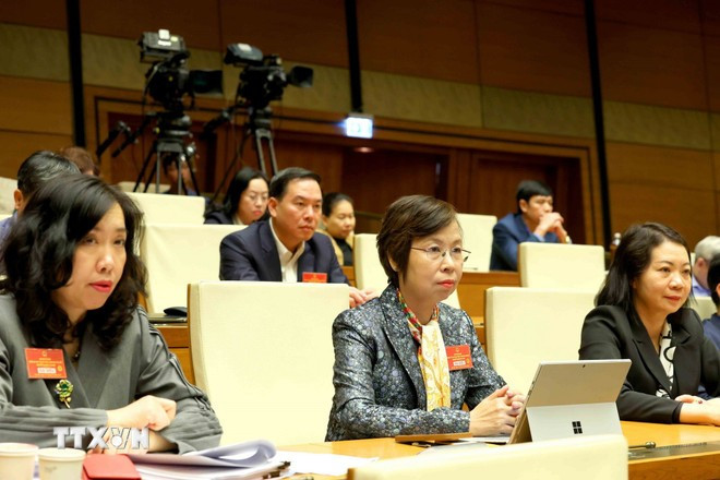 Đại biểu tham dự hội nghị tại điểm cầu chính Hội trường Diên Hồng, Nhà Quốc hội. (Ảnh: Phương Hoa/TTXVN)