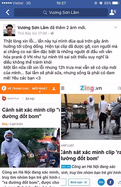 Lời xin lỗi trên facebook của Vương Sơn Lâm và một số cảnh từ "trò đùa đốt bom đường phố".