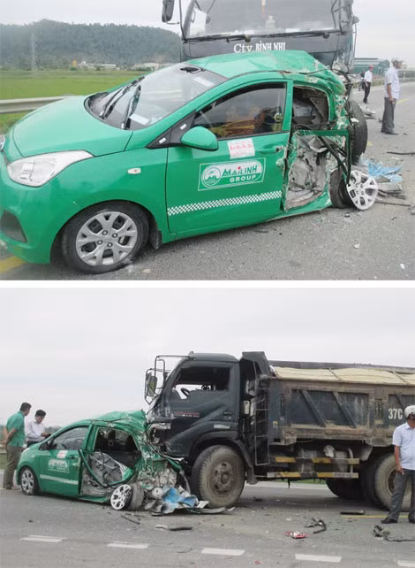 Hiện trường xe taxi nát bét, bốn người trên xe nhập viện.