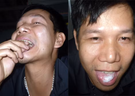 Mảnh thủy tinh sắc lẹm được anh Hữu bỏ vào mồm để nhai và trong chốc lát, mảnh thủy tinh đã vỡ vụn thành bột.