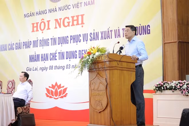 Ông Lê Minh Hưng, Uỷ viên TW Đảng, Thống đốc NHNN phát biểu tại hội nghị
