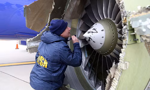 Nhân viên Ủy ban An toàn Vận tải Quốc gia Mỹ kiểm tra động cơ CFM trên chiếc máy bay Boeing 737 của hãng Southwest gặp nạn hôm 17-4. Ảnh: LAT