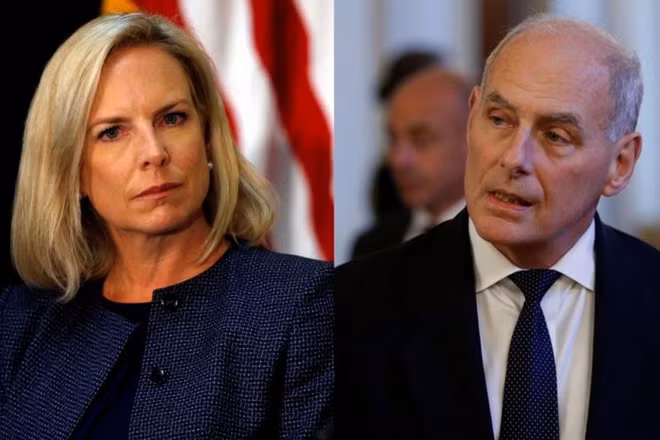 Bộ trưởng An ninh Nội địa Mỹ Kirstjien Nielsen và Chánh văn phòng Nhà Trắng John Kelly. Ảnh Reuters.