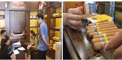 Lực lượng chức năng kiểm tra một cơ sở kinh doanh xì gà.