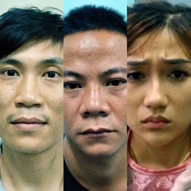 3 đối tượng Nguyễn Hữu Thanh, Nguyễn Thế Võ và Trần Thị Hồng Quyên sau khi bị bắt. Ảnh : CA Bình Định
