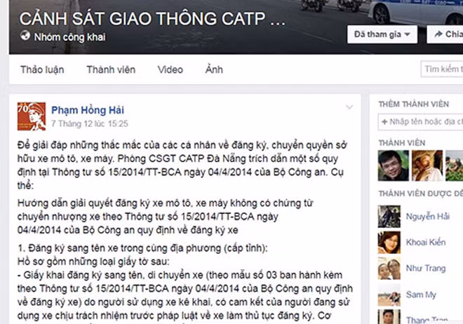 CSGT Đà Nẵng hướng dẫn cụ thể về thủ tục chuyển đổi "xe chính chủ" trên trang Facebook của mình.