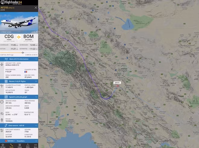 Đường bay của máy bay Airbus A340 qua không phận Iran.