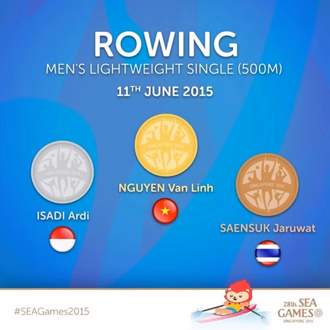 Trang chính thức của ban tổ chức SEA Games công bố huy chương vàng bạc đồng môn rowing nội dung thuyền đơn nam hạng nhẹ 500m