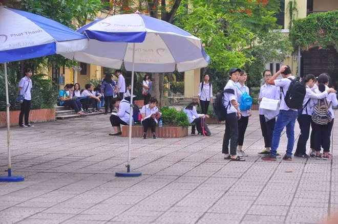 Trong sân trường, thí sinh tranh thủ ôn lại bài.