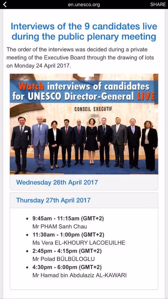 Lịch trình trả lời phỏng vấn của các ứng viên cho vị trí Tổng Giám đốc UNESCO