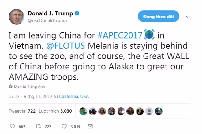 Tổng thống Trump viết trên Twitter về lịch trình hoạt động tại Đà Nẵng ngày 10-11