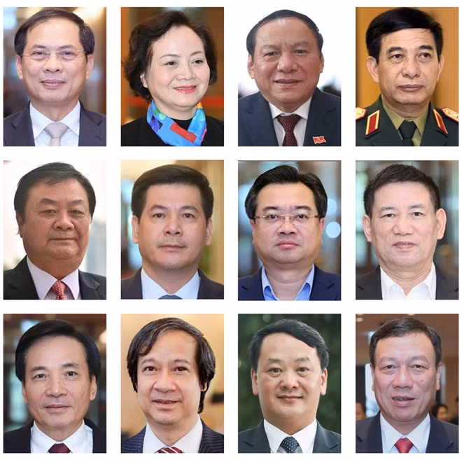 Các tân Bộ trưởng, Trưởng ngành (trên xuống, trái sang): Bộ trưởng Bộ Ngoại giao Bùi Thanh Sơn; Bộ trưởng Bộ Nội vụ Phạm Thị Thanh Trà; Bộ trưởng Bộ Văn hóa - thể thao và du lịch Nguyễn Văn Hùng, Bộ trưởng Bộ Quốc phòng Phan Văn Giang; Bộ trưởng Bộ Nông nghiệp và phát triển nông thôn Lê Minh Hoan; Bộ trưởng Bộ Công thương Nguyễn Hồng Diên; Bộ trưởng Bộ Xây dựng Nguyễn Thanh Nghị; Bộ trưởng Bộ Tài chính Hồ Đức Phớc; Bộ trưởng, chủ nhiệm Văn phòng Chính phủ Trần Văn Sơn; Bộ trưởng Bộ Giáo dục và đào tạo Nguyễn Kim Sơn; Bộ trưởng, Chủ nhiệm Ủy ban Dân tộc Hầu A Lềnh: Tổng Thanh tra Chính phủ Đoàn Hồng Phong.