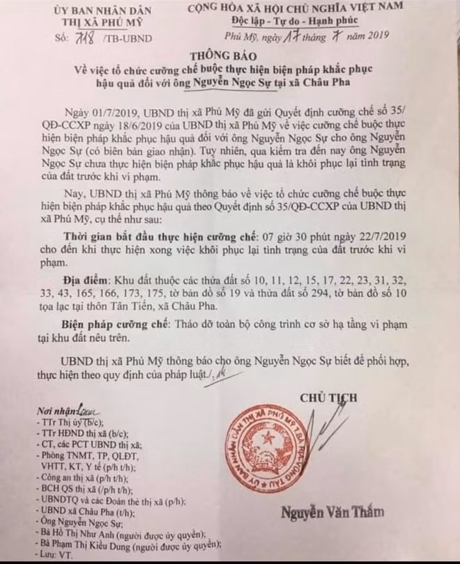 Thông báo Quyết định số 718 của UBND thị xã Phú Mỹ, tỉnh Bà Rịa-Vũng Tàu.
