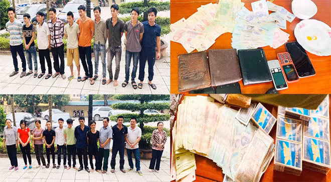 Các đối tượng trong 2 sới bạc và tang vật thu được