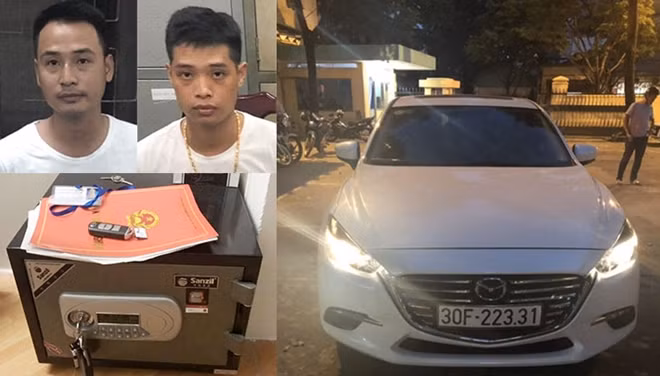Đối tượng “tín dụng đen” Nguyễn Tiến Tuấn và Nguyễn Hữu Phúc cùng tang vật bị tạm giữ tại Công an quận Hải Châu.