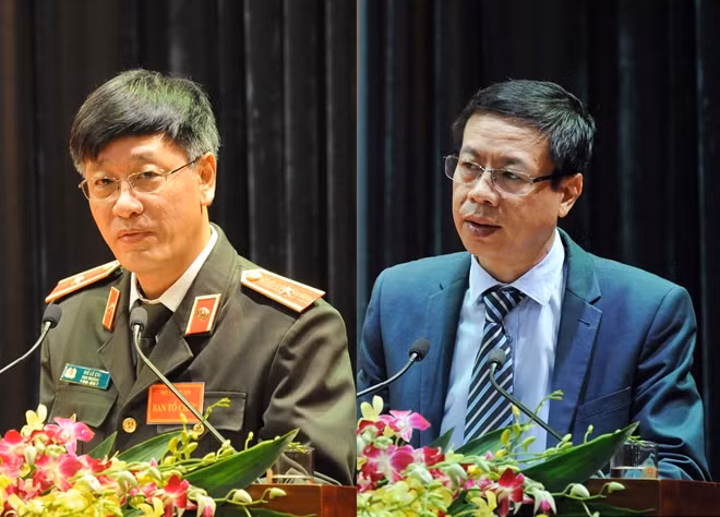 Thiếu tướng Đỗ Lê Chi, Cục trưởng Cục Khoa học, Chiến lược và Lịch sử Công an và đồng chí Lê Xuân Định, Thứ trưởng Bộ Khoa học và Công nghệ phát biểu tại Hội nghị.