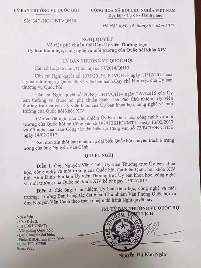 Nghị quyết của Ủy ban Thường vụ Quốc hội về trường hợp ông Nguyễn Văn Cảnh