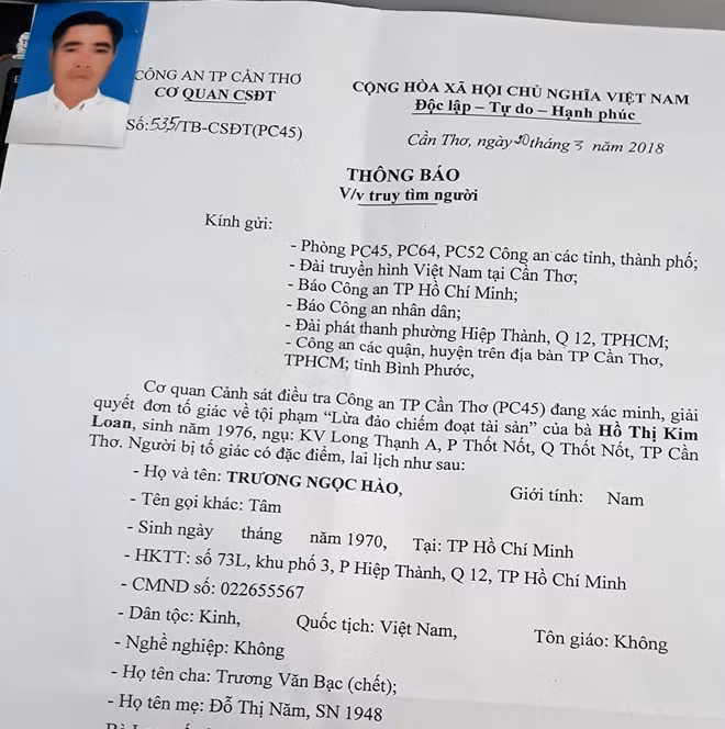Thông báo truy tìm người của Cơ quan CSĐT Công an TP Cần Thơ.