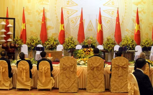 Tổng Bí thư Nguyễn Phú Trọng phát biểu tại Tiệc chiêu đãi Tổng Bí thư, Chủ tịch nước Trung Quốc Tập Cận Bình. (Ảnh: VOV)