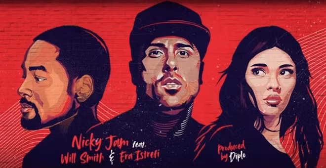 Bộ ba Will Smith, Nicky jam và Era Istrefi. Ảnh: WC 2018