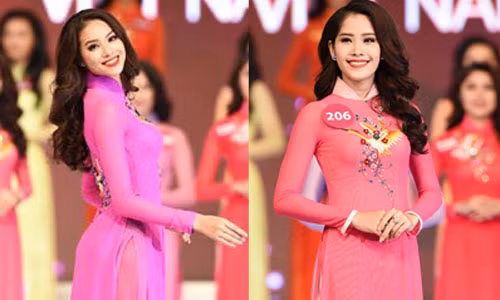 Phạm Thị Hương và Nguyễn Thị Lệ Nam Em trình diễn áo dài. ảnh: vne
