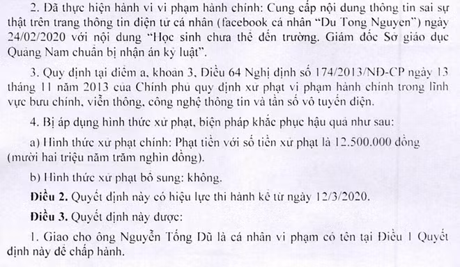 Quyết định xử phạt hành chính đối với Nguyễn Tống Dũ.