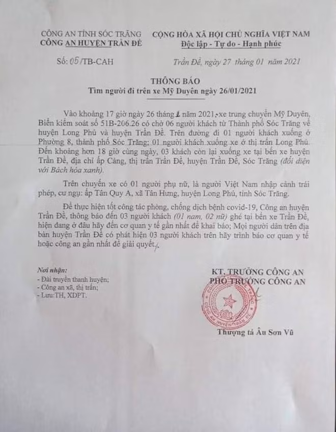 Thông báo truy tìm của Công an huyện Trần Đề (Sóc Trăng).
