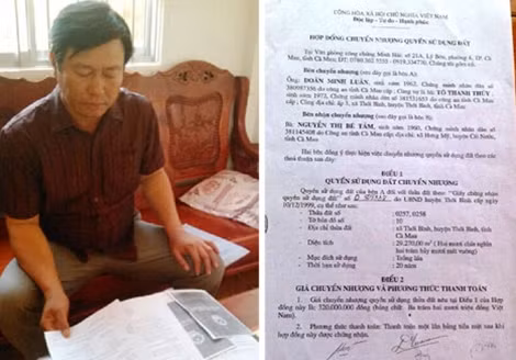 Ông Luân thấp thỏm trước nguy cơ toàn bộ diện tích đất của tổ tiên để lại sẽ bị siết nợ (Ảnh trái). Hợp đồng giả cách và công chứng được bà T. kêu người ký thay vợ ông Luân.